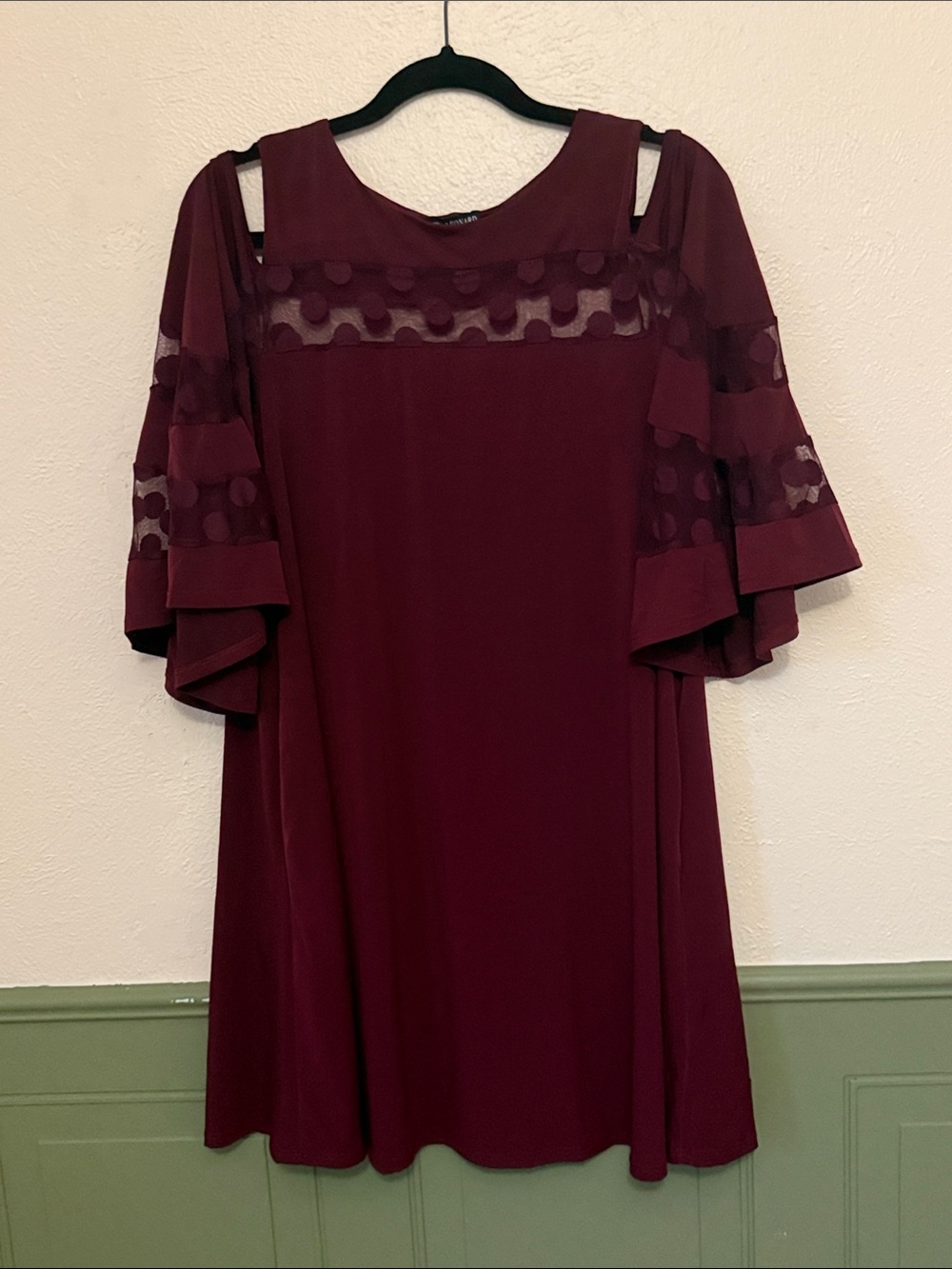 Nina Leonard Wine Cold-Shoulder Midi Dress with Sheer Dot Insets